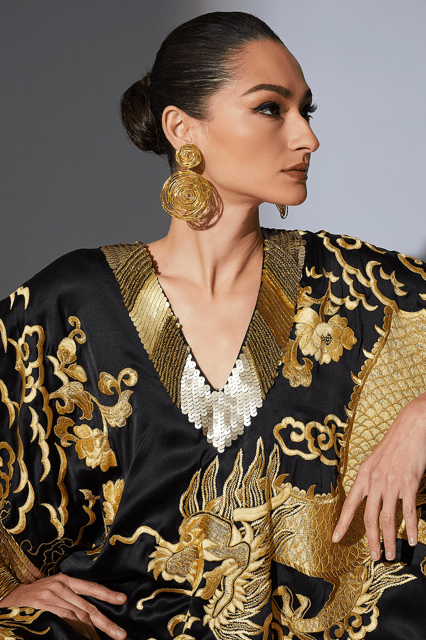 Buy Couture Embroidered Dragon Caftan in Black Online Black Natori