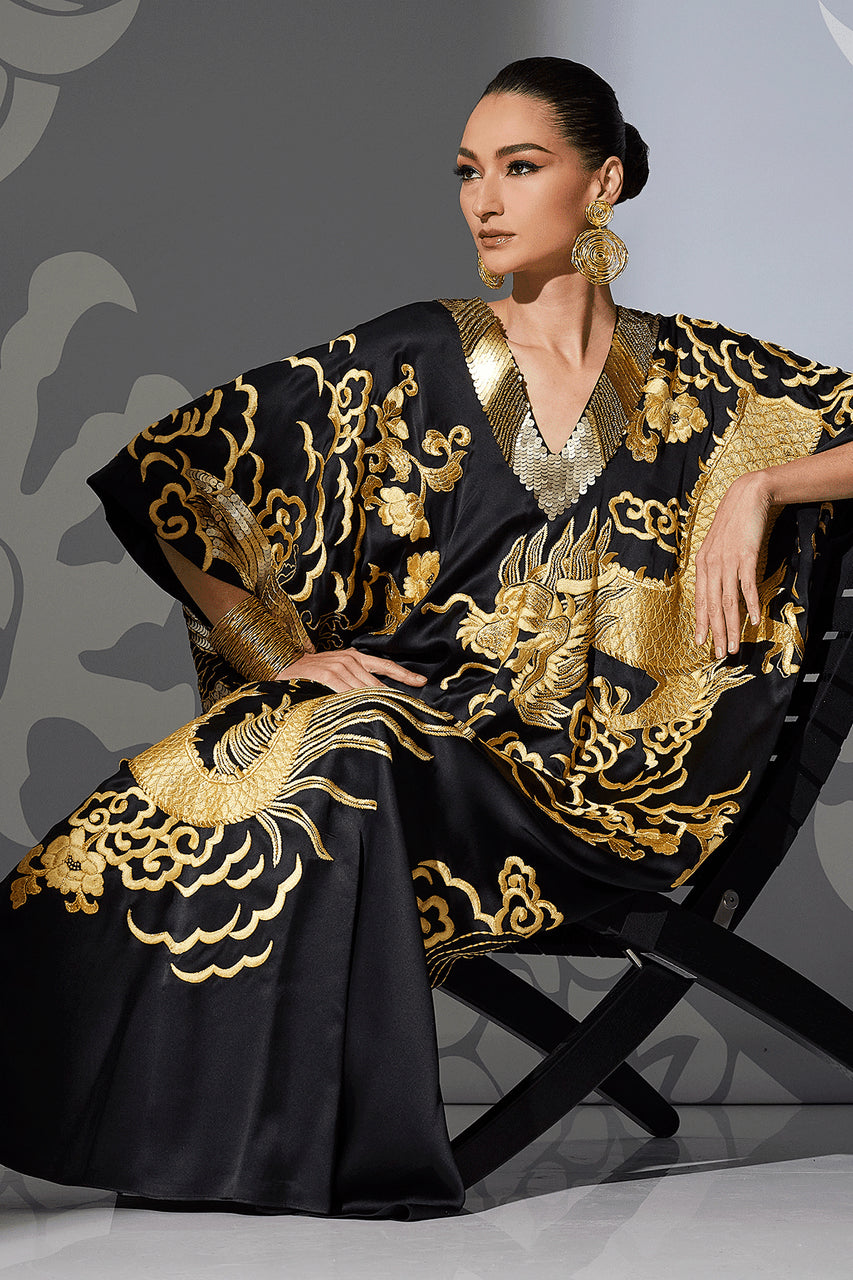 Buy Couture Embroidered Dragon Caftan in Black Online Black Natori