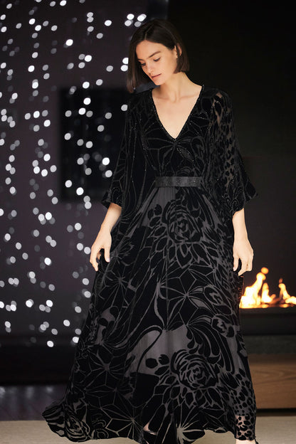 Nouveau Velvet Embellished Silk Caftan Black Natori