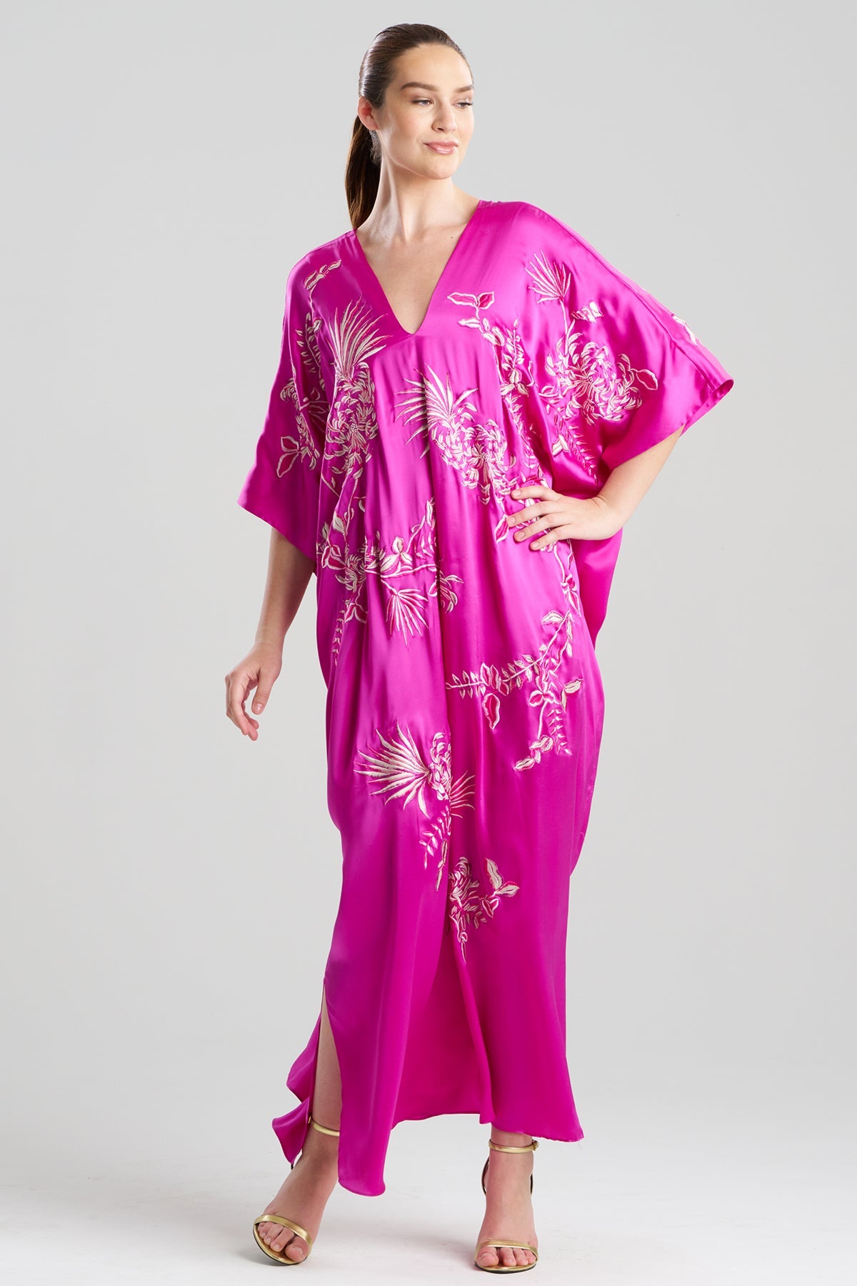 Couture Chrysanthemum Embroidered Cocoon Silk Caftan Hot Pink Natori