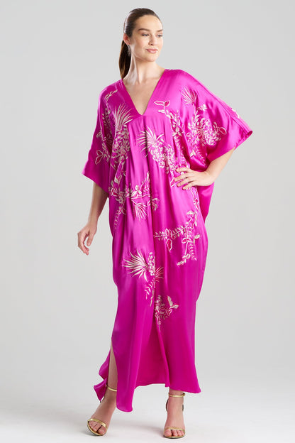 Couture Chrysanthemum Embroidered Cocoon Silk Caftan Hot Pink Natori