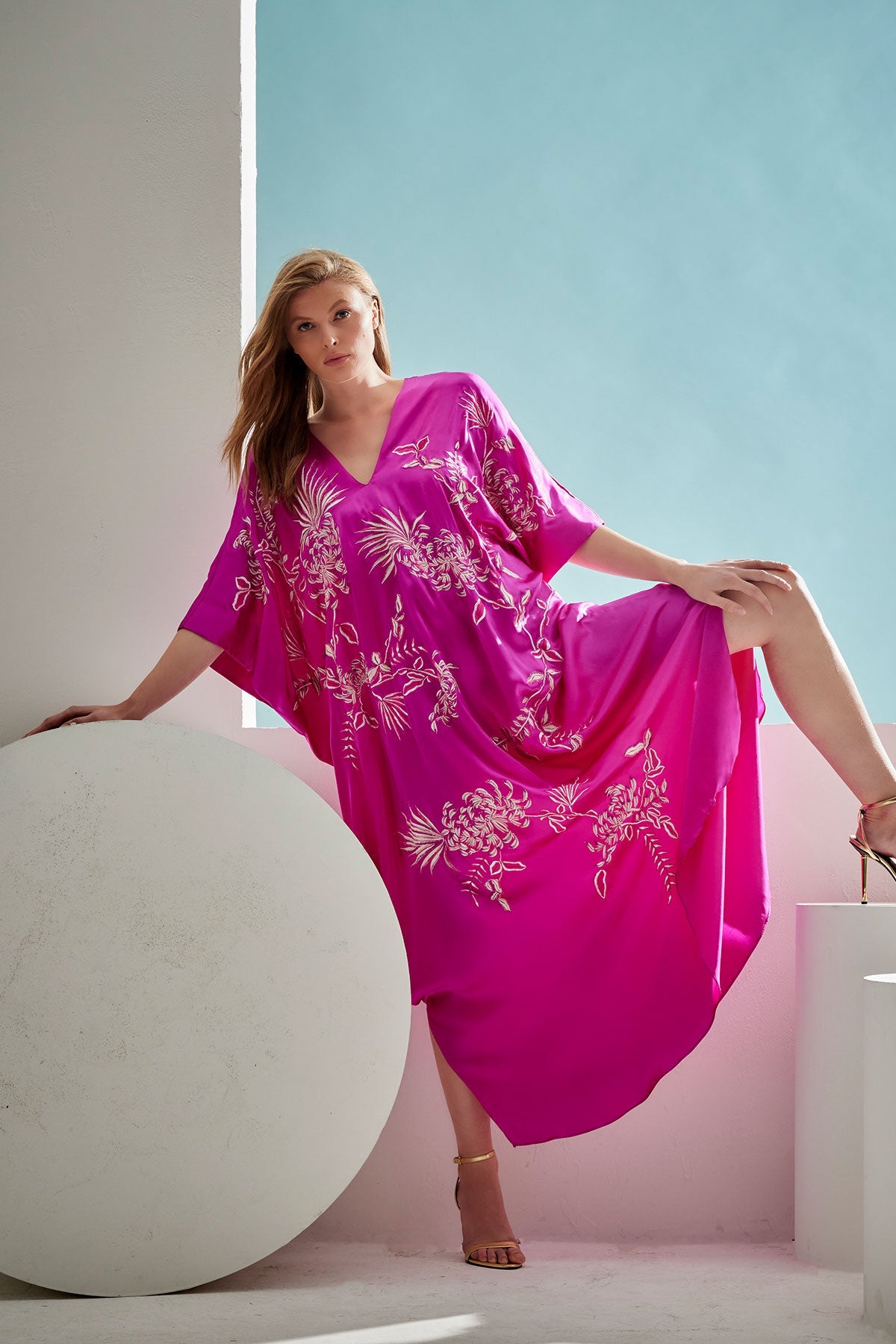 Couture Chrysanthemum Embroidered Cocoon Silk Caftan Hot Pink Natori