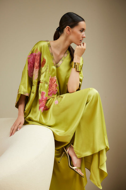 Couture Brushstroke Embellished Cocoon Silk Caftan Lemon Lime Natori