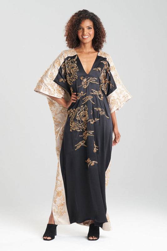 Buy Couture Dragon Embroidered Cocoon Silk Caftan in Black Online Black Natori