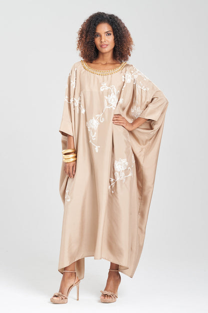 Buy Shinjo Habotai Embroidered Silk Caftan in Latte Online Latte Natori