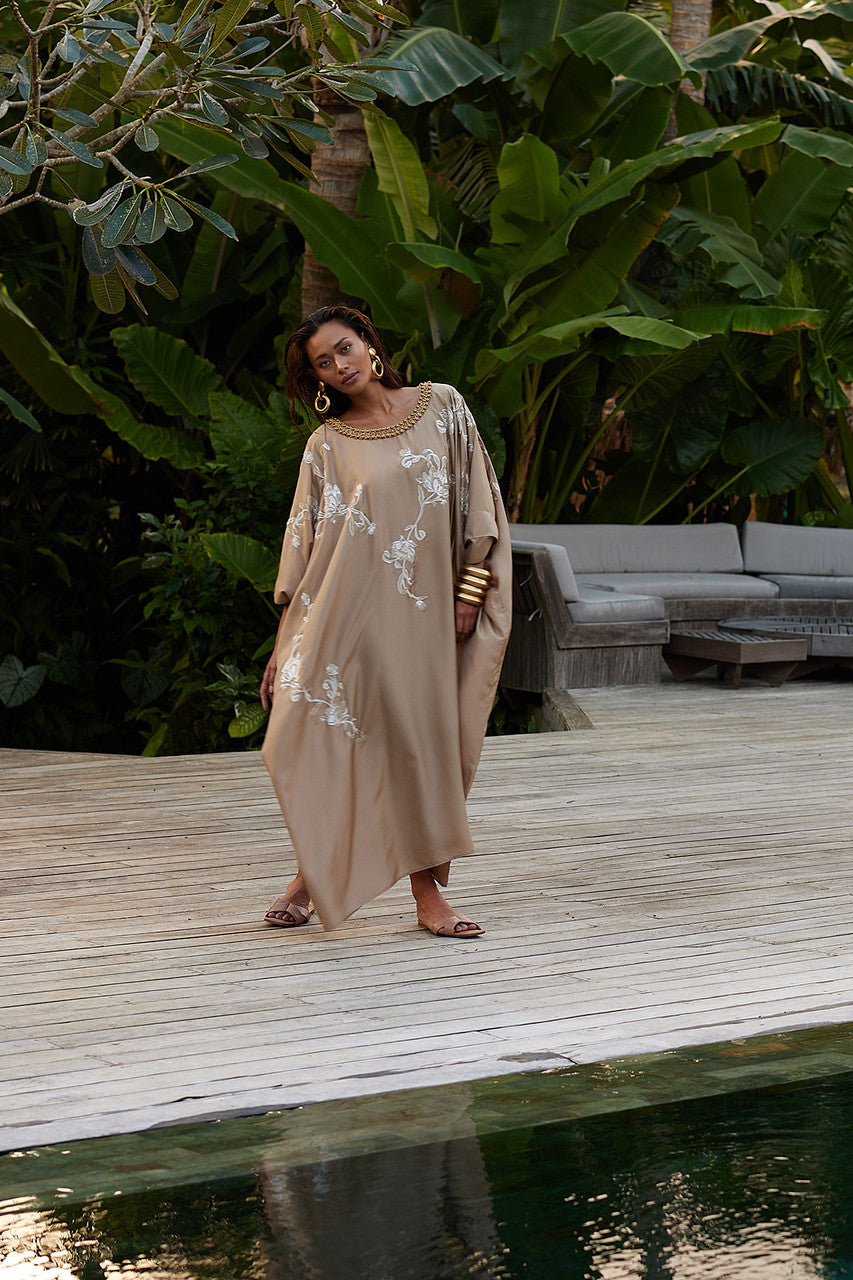 Buy Shinjo Habotai Embroidered Silk Caftan in Latte Online Latte Natori