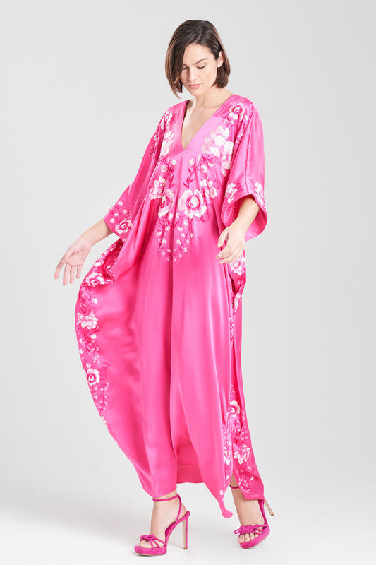Buy Couture Hanabi Embroidered Silk Caftan in Pink Sapphire Online Pink Sapphire Natori