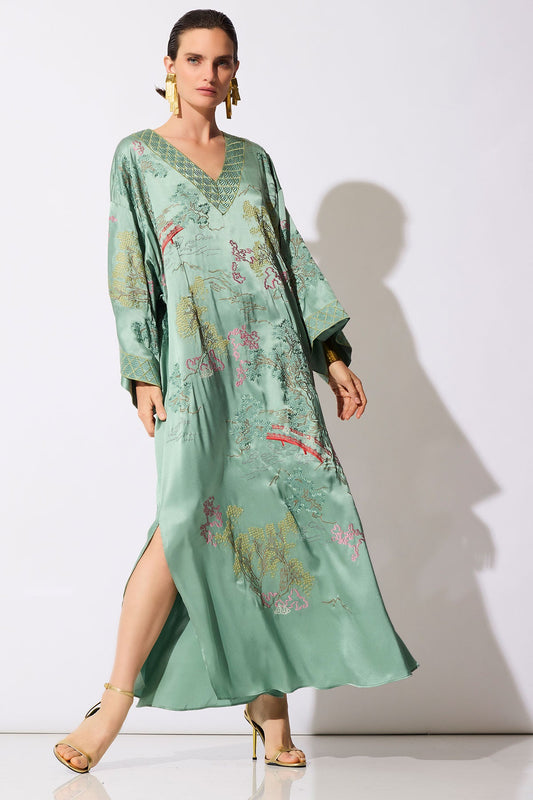 Couture Nara Embellished Silk Caftan Aloe Natori