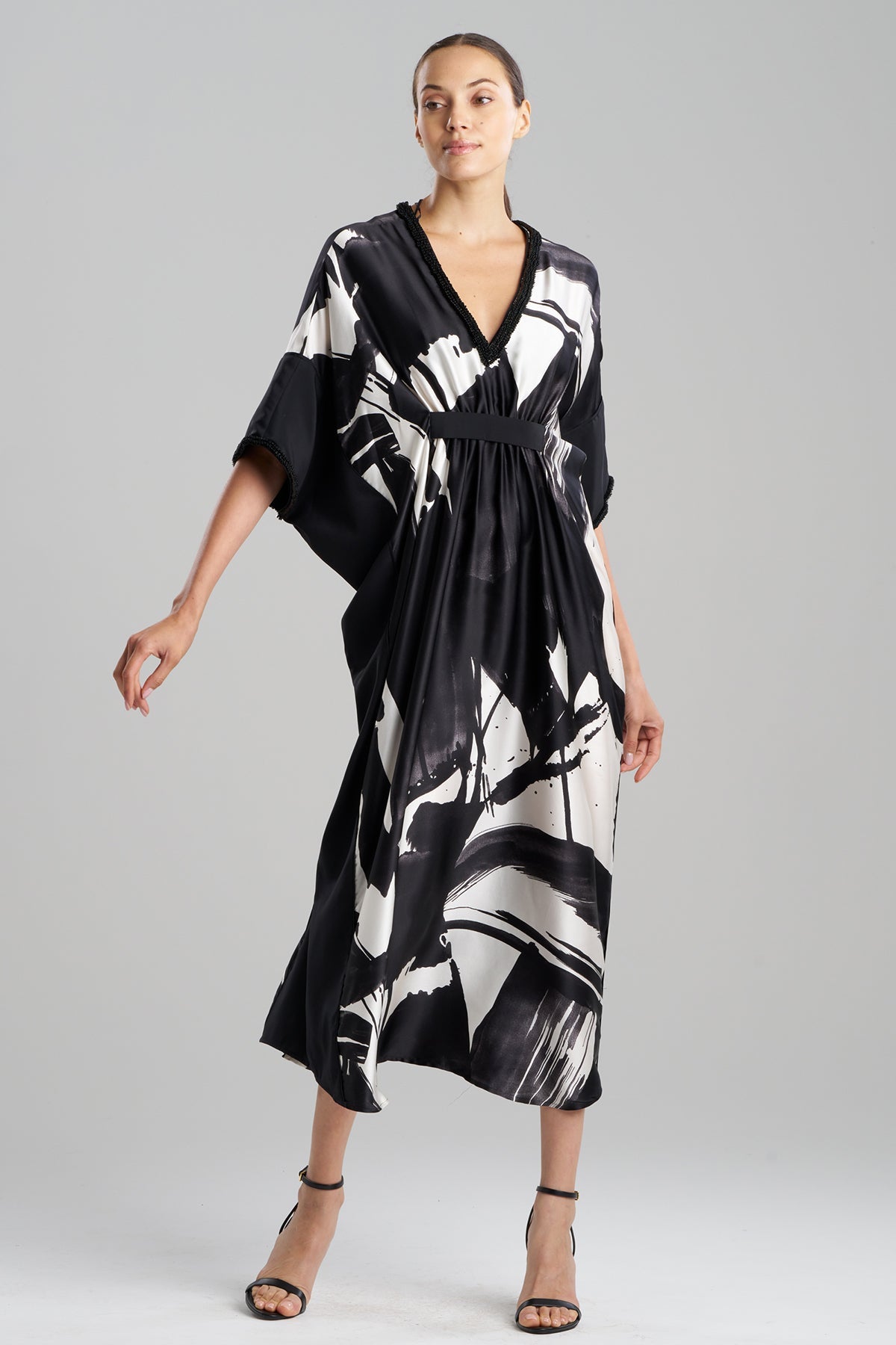 Shodo Beaded Silk Caftan Black White Natori