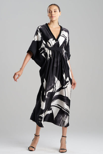 Shodo Beaded Silk Caftan Black White Natori