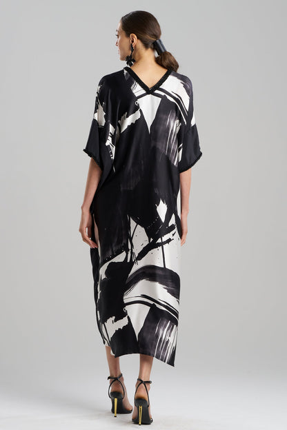 Shodo Beaded Silk Caftan Black White Natori