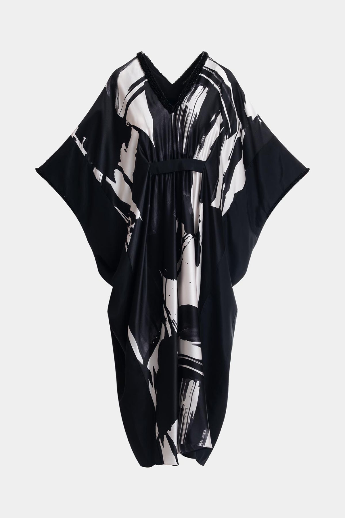 Shodo Beaded Silk Caftan Black White Natori