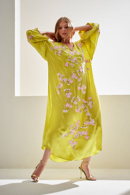 Couture Sakura Embroidered Silk Caftan Chartreuse Natori