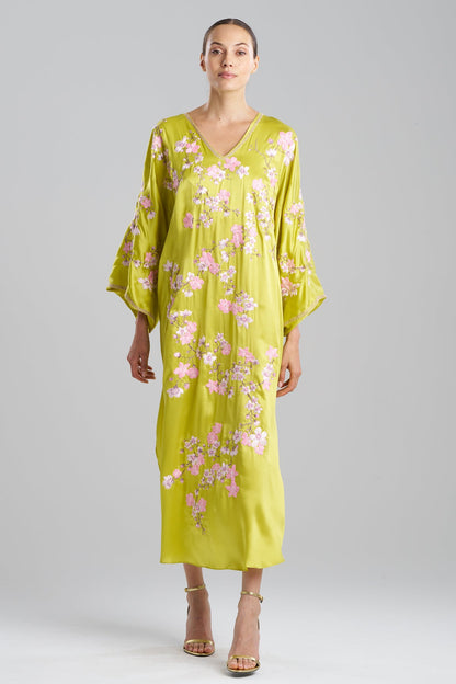 Couture Sakura Embroidered Silk Caftan Chartreuse Natori