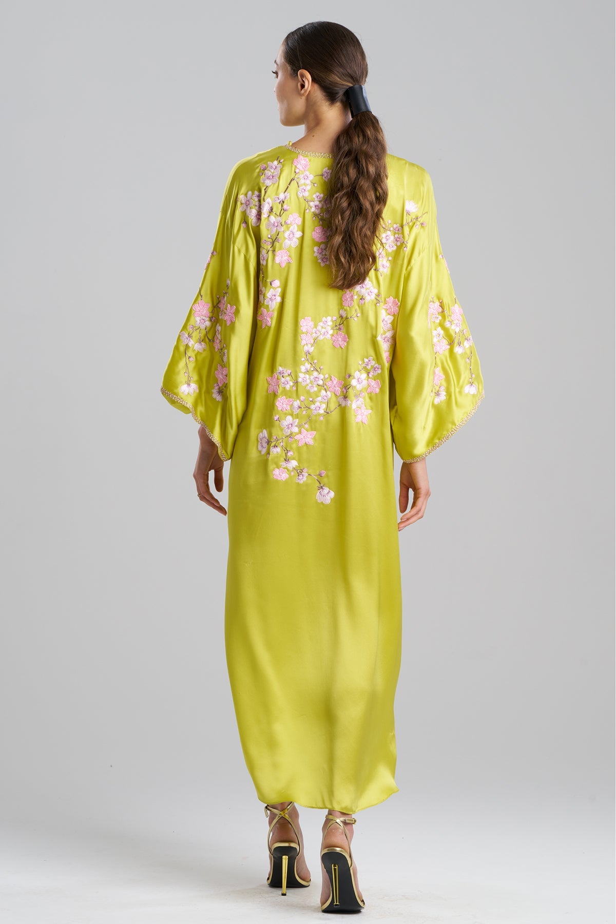 Couture Sakura Embroidered Silk Caftan Chartreuse Natori