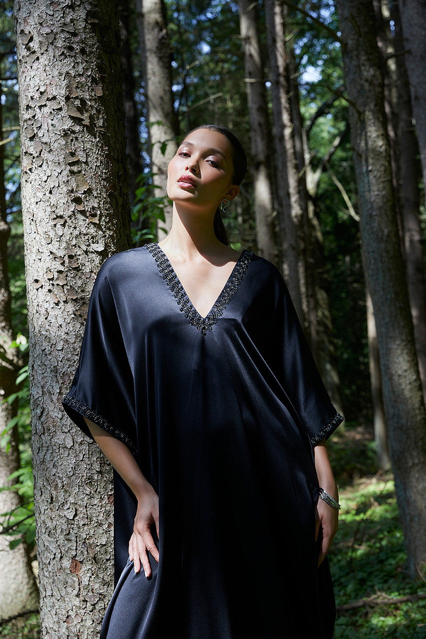 Buy Key Essentials Embellished Cocoon Silk Caftan in Black Online Black Natori
