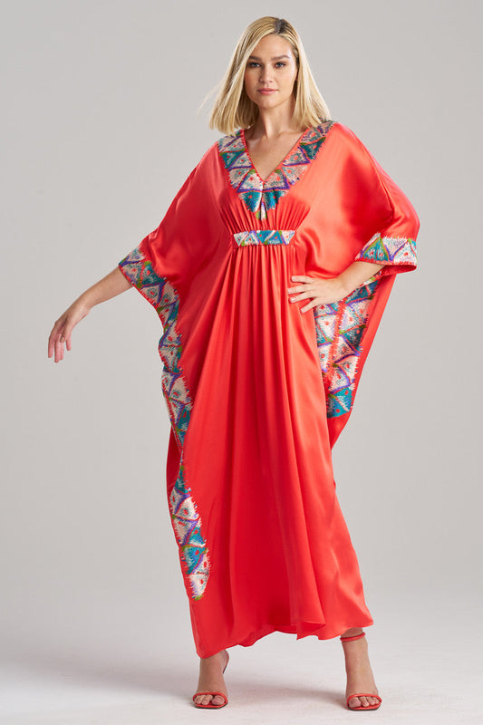 Buy Couture Toulouse Embroidered Kimono Silk Caftan in Coral Peach Online Coral Peach Natori