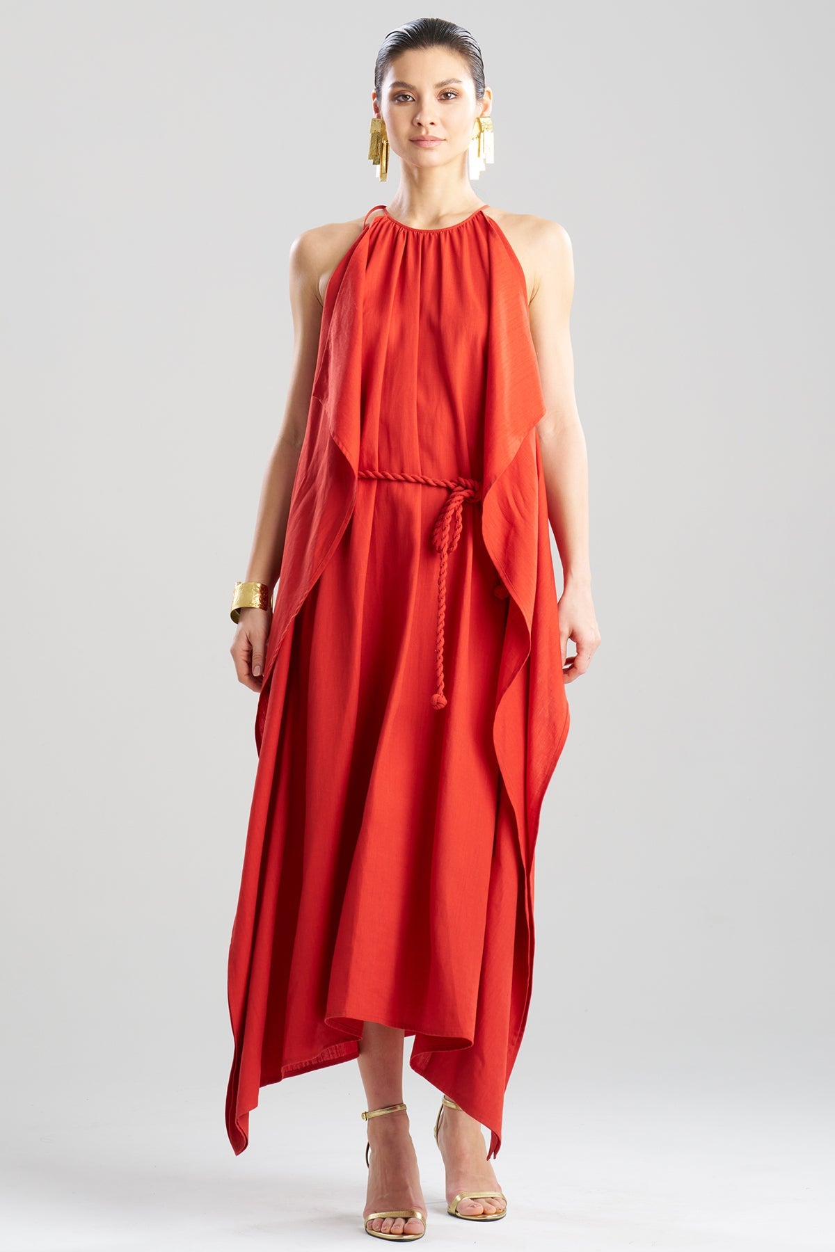 Solid Linen Belted Maxi Dress Burnt Red Natori