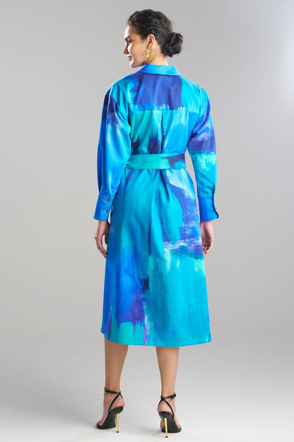 Brushstroke Cotton Chino Oversized Shirtdress Blue Natori