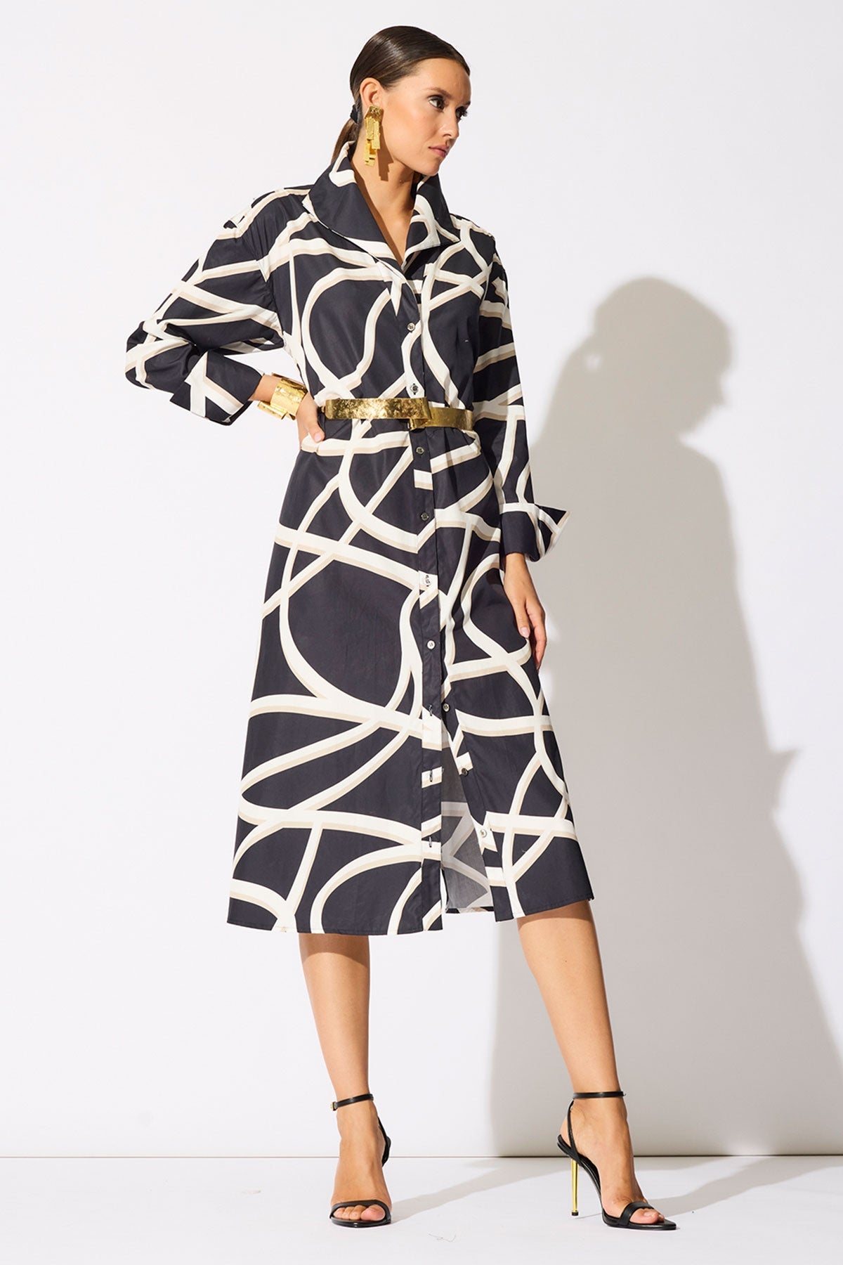 Spiral Cotton Taffeta Oversized Button Down Shirtdress Black/White Natori