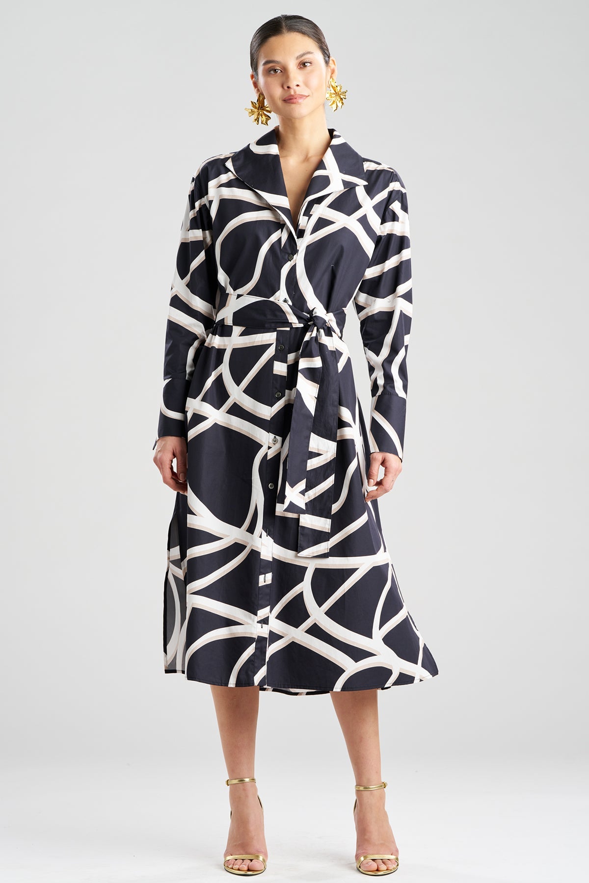 Spiral Cotton Taffeta Oversized Button Down Shirtdress Black/White Natori