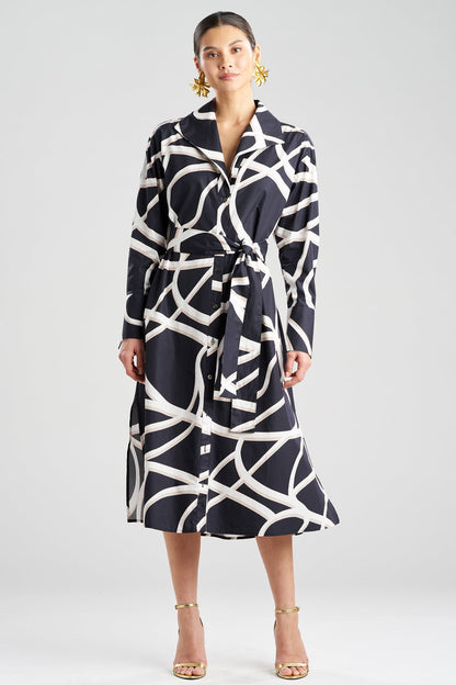 Spiral Cotton Taffeta Oversized Button Down Shirtdress Black/White Natori