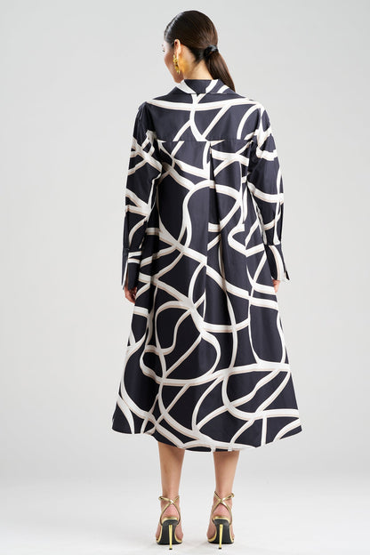 Spiral Cotton Taffeta Oversized Button Down Shirtdress Black/White Natori