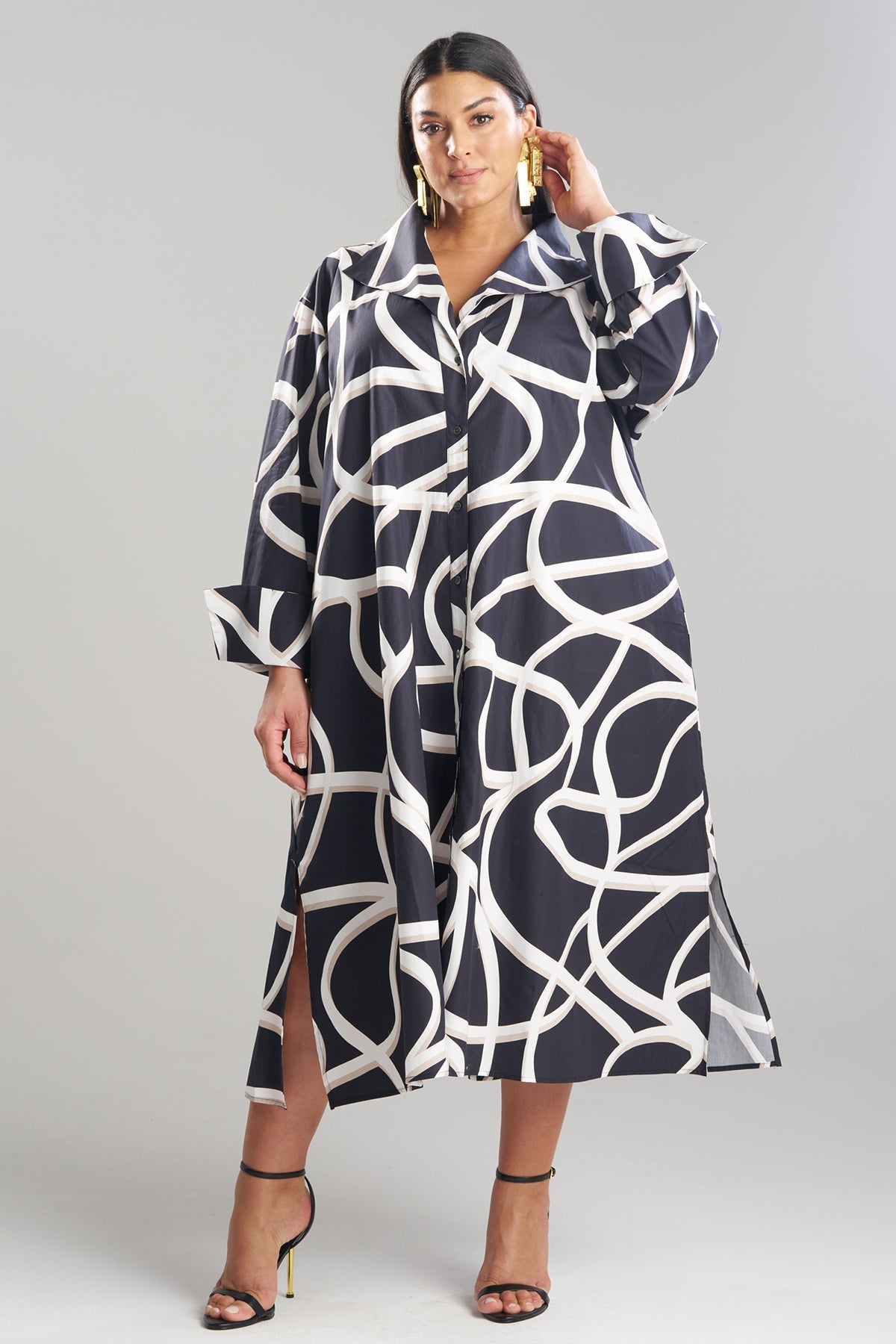 Spiral Cotton Taffeta Oversized Button Down Shirtdress Black/White Natori