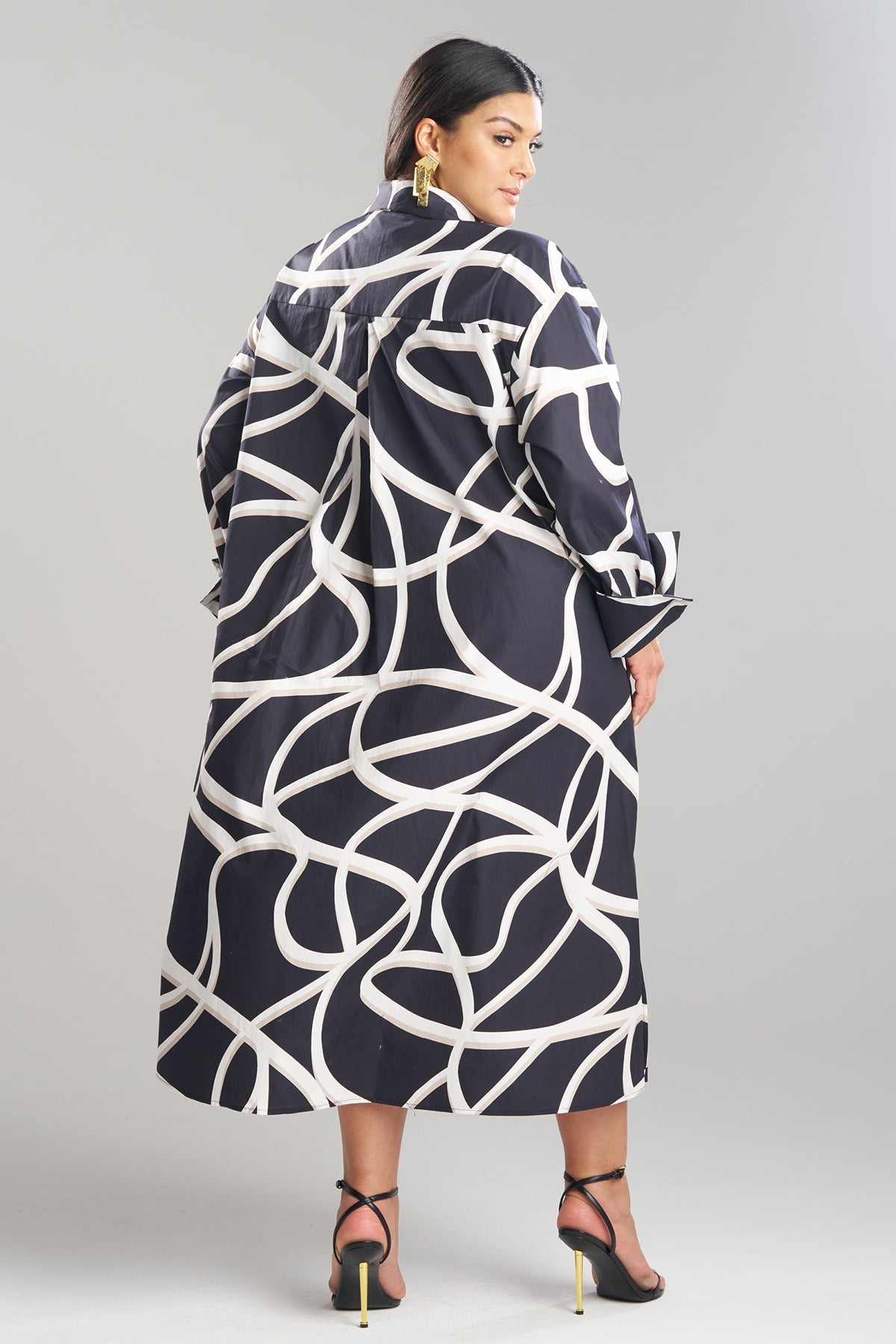 Spiral Cotton Taffeta Oversized Button Down Shirtdress Black/White Natori