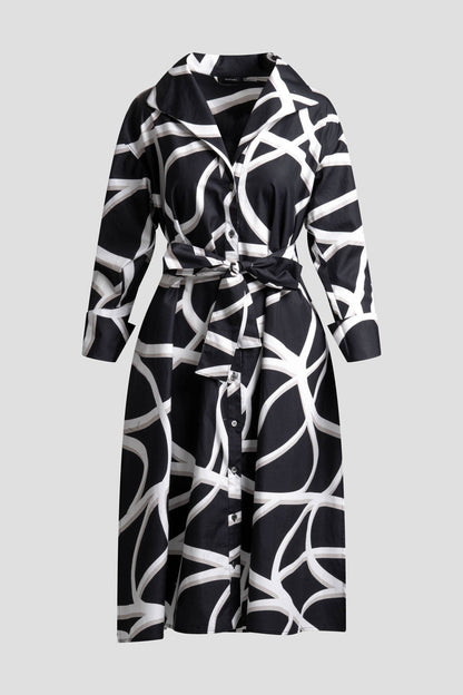 Spiral Cotton Taffeta Oversized Button Down Shirtdress Black/White Natori