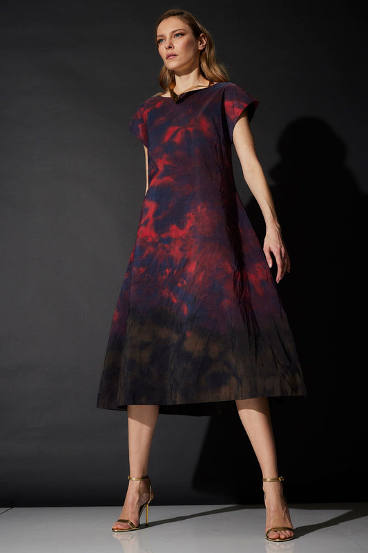 Niji Tie Dye Taffeta Trapeze Dress Red Natori