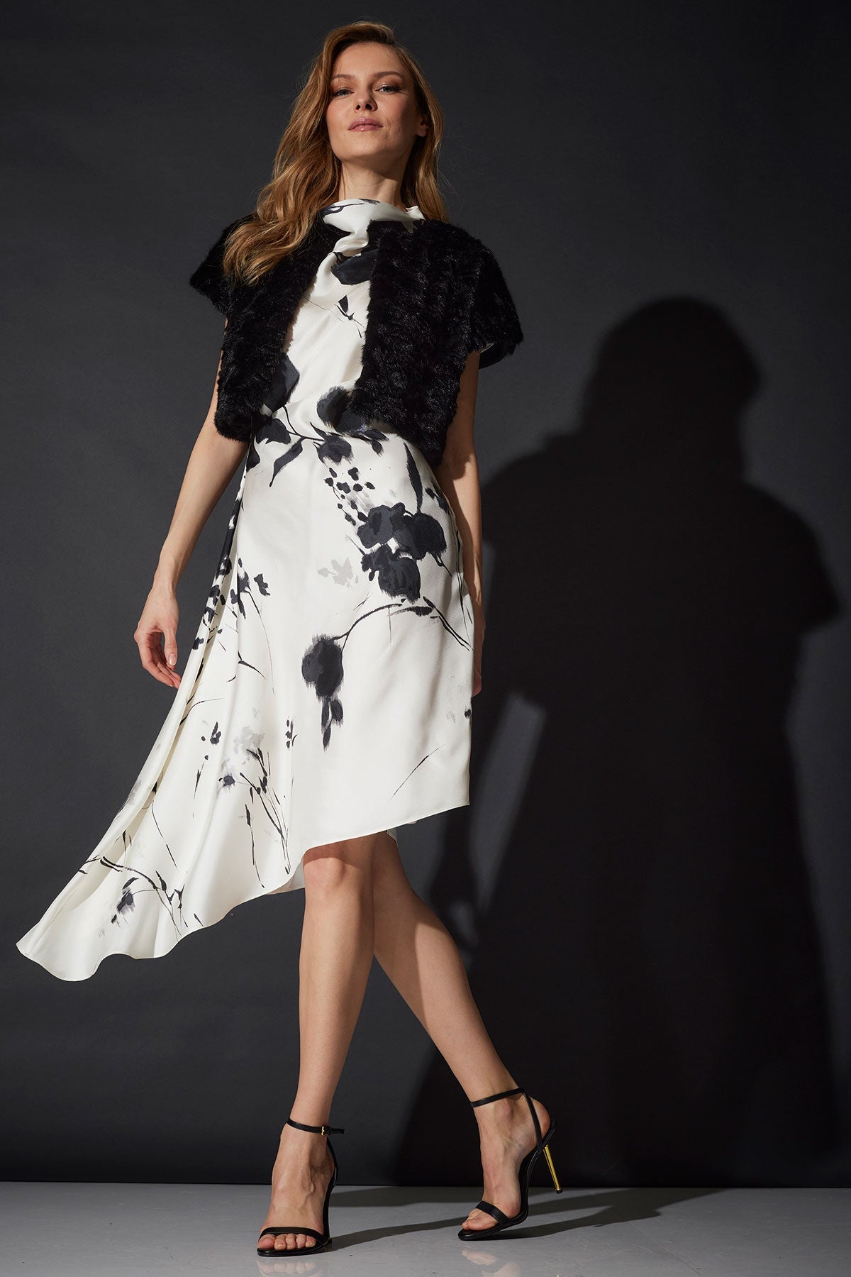 Nara Silk Twill Asymmetric Pleated Dress Black/White Natori