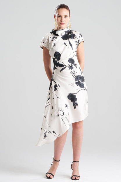 Nara Silk Twill Asymmetric Pleated Dress Black/White Natori