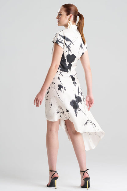 Nara Silk Twill Asymmetric Pleated Dress Black/White Natori