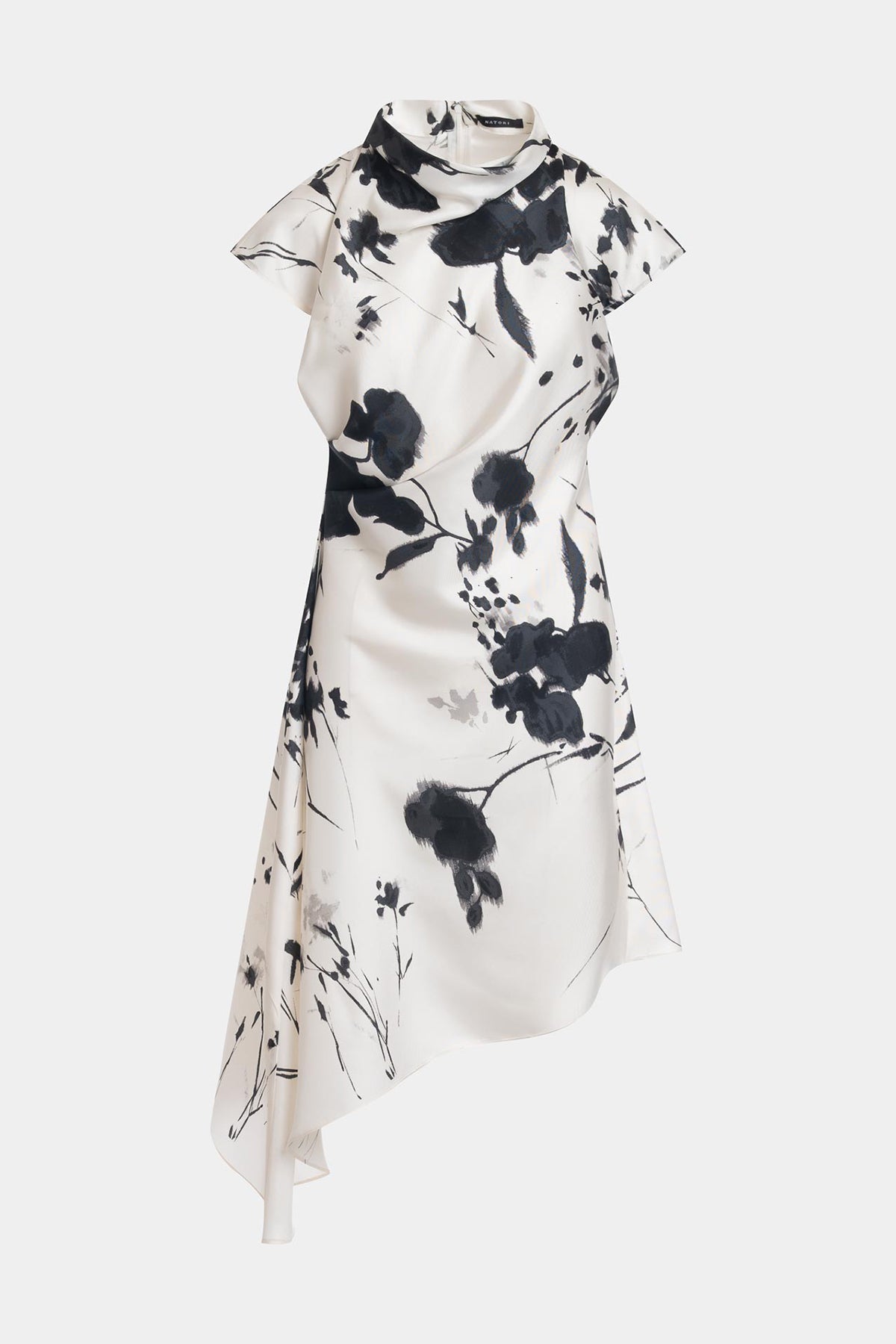 Nara Silk Twill Asymmetric Pleated Dress Black/White Natori