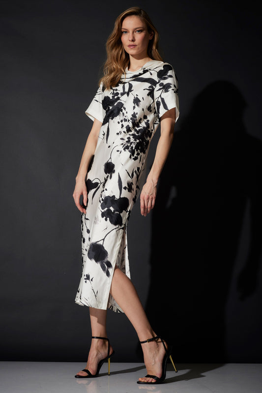 Nara Silk Twill Beaded Column Dress Black/White Natori