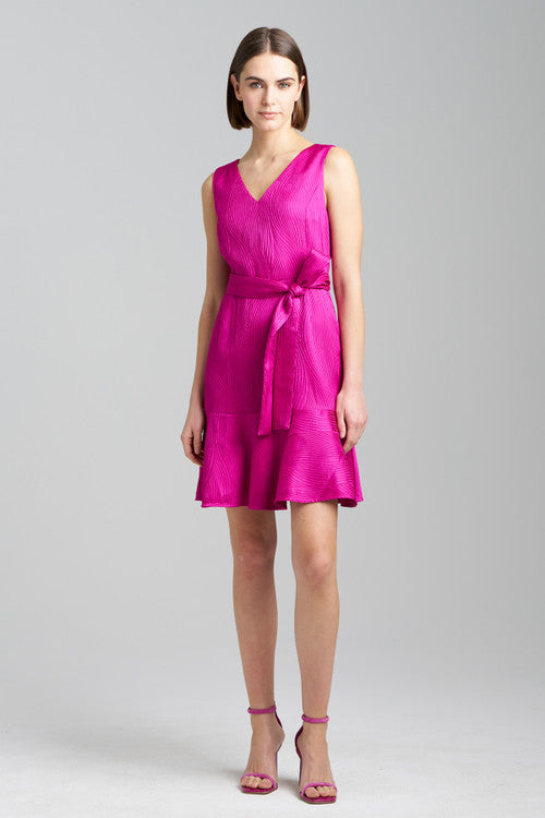 Buy Scroll Jacquard Ruffle Dress in Magenta Online Magenta Natori