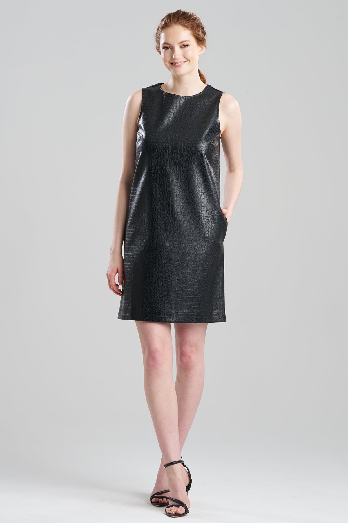Faux Croc Leather Shift Dress Black Natori