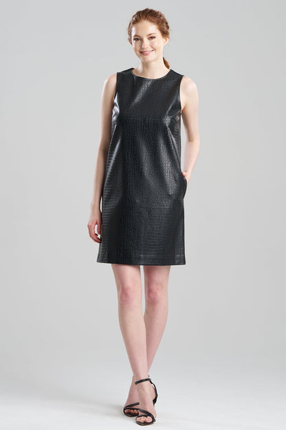Faux Croc Leather Shift Dress Black Natori