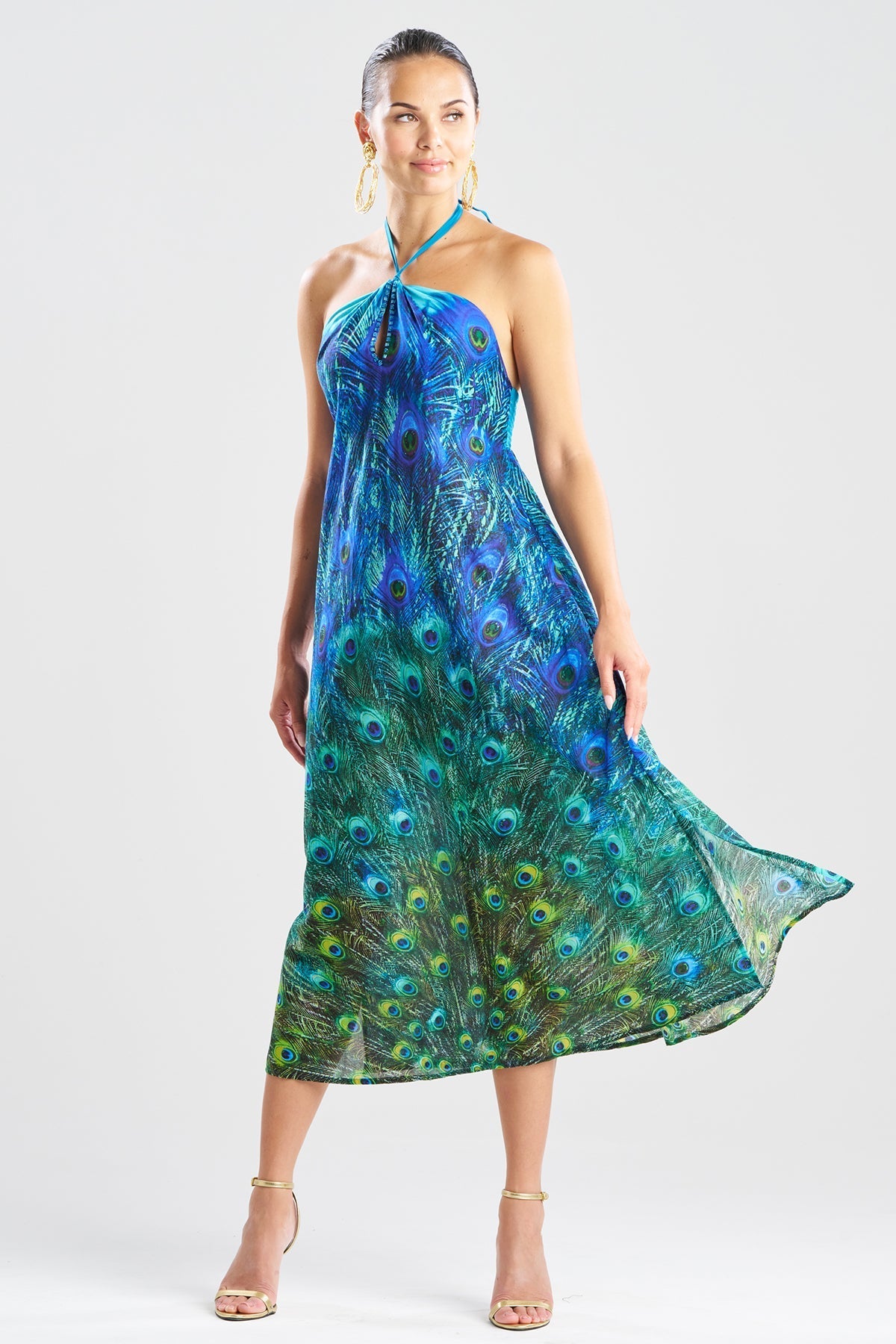 Peacock Cotton Voile Beaded Maxi Dress Teal Natori