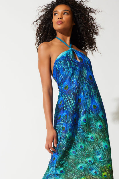 Peacock Cotton Voile Beaded Maxi Dress Teal Natori