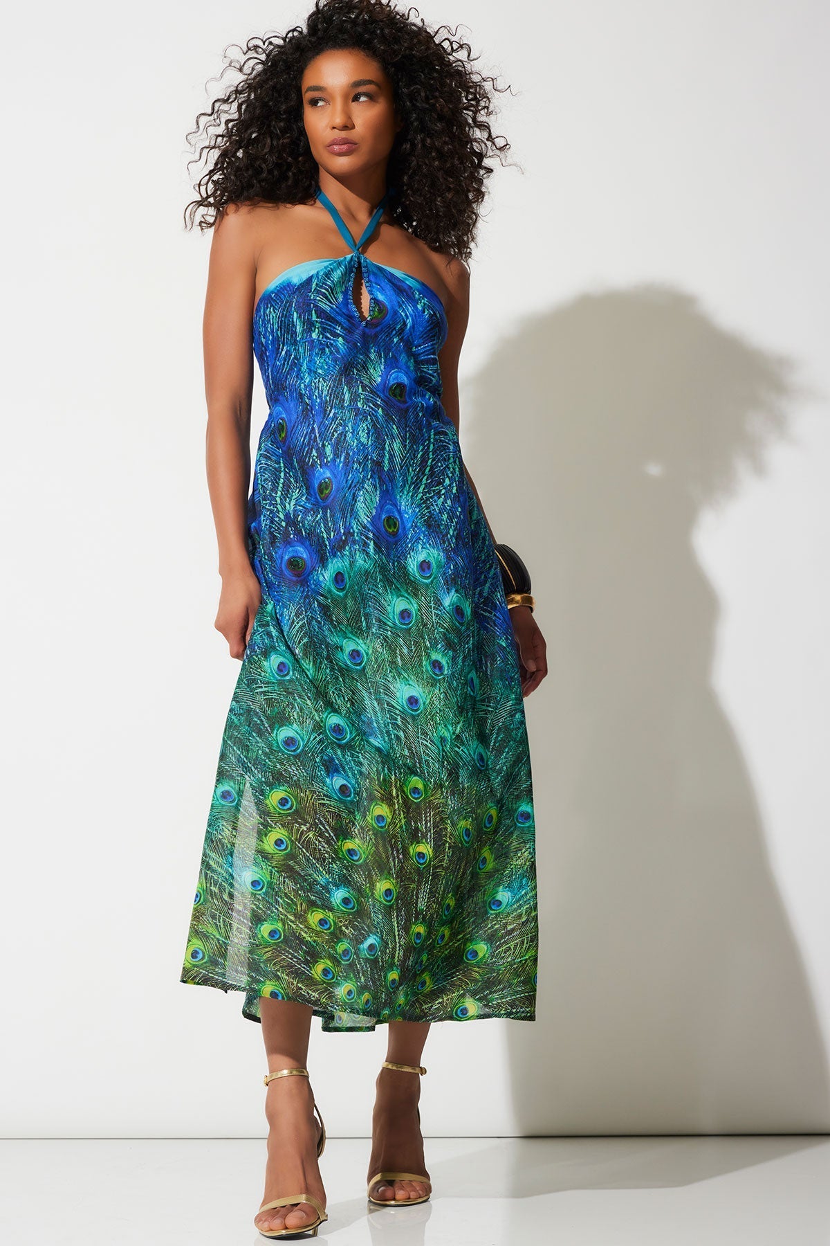 Peacock Cotton Voile Beaded Maxi Dress Teal Natori