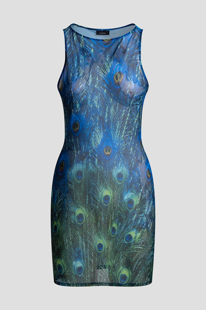 Peacock Mesh Mini Dress Teal Natori