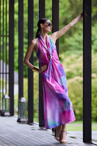 Watercolor Sheer Texture Halter Maxi Dress Pink Natori