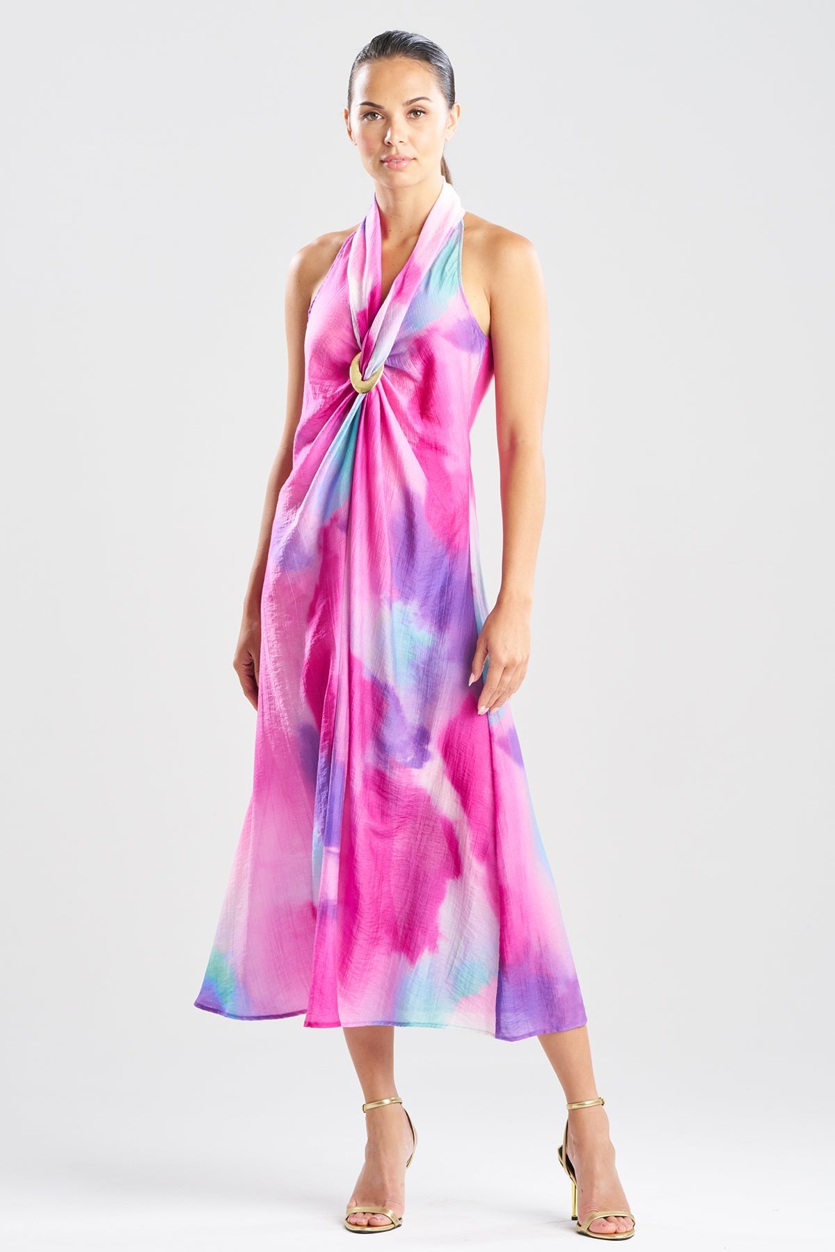 Watercolor Sheer Texture Halter Maxi Dress Pink Natori