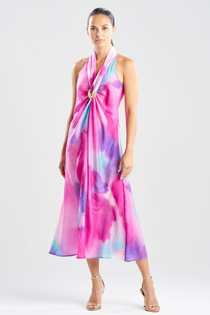 Watercolor Sheer Texture Halter Maxi Dress Pink Natori