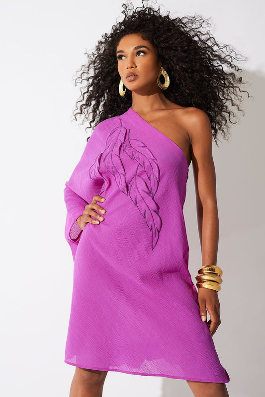 Cotton Gauze Applique One Shoulder Dress Magenta Natori
