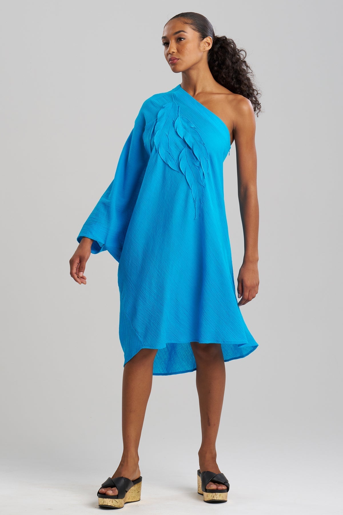 Cotton Gauze Applique One Shoulder Dress Wave Blue Natori