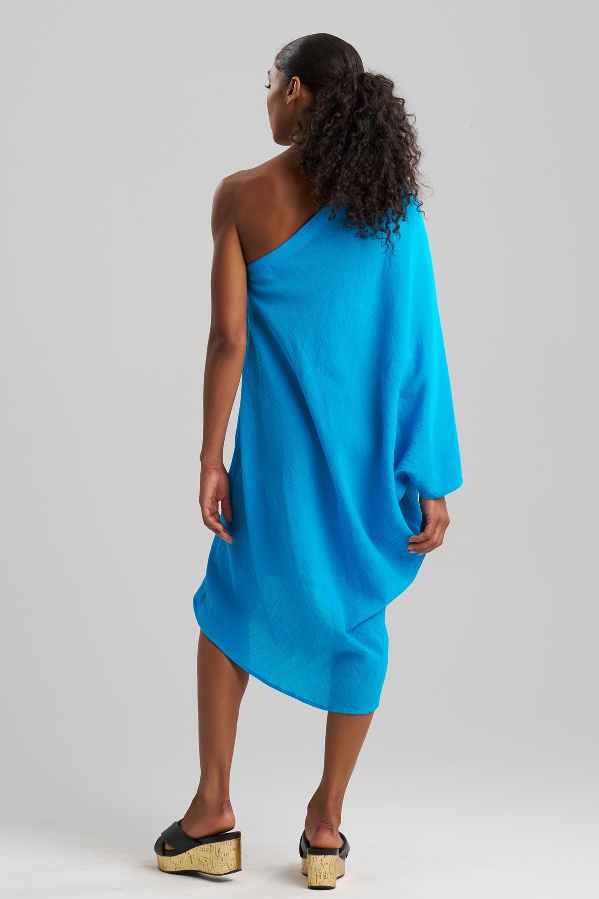 Cotton Gauze Applique One Shoulder Dress Wave Blue Natori