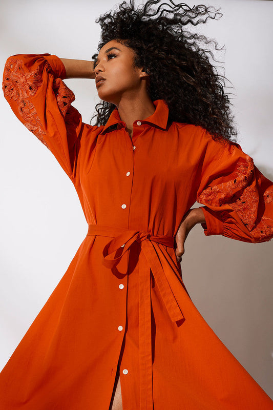 Buy Tech Cotton Taffeta Embroidered Shirtdress in Tangerine Orange Online Tangerine Orange Natori